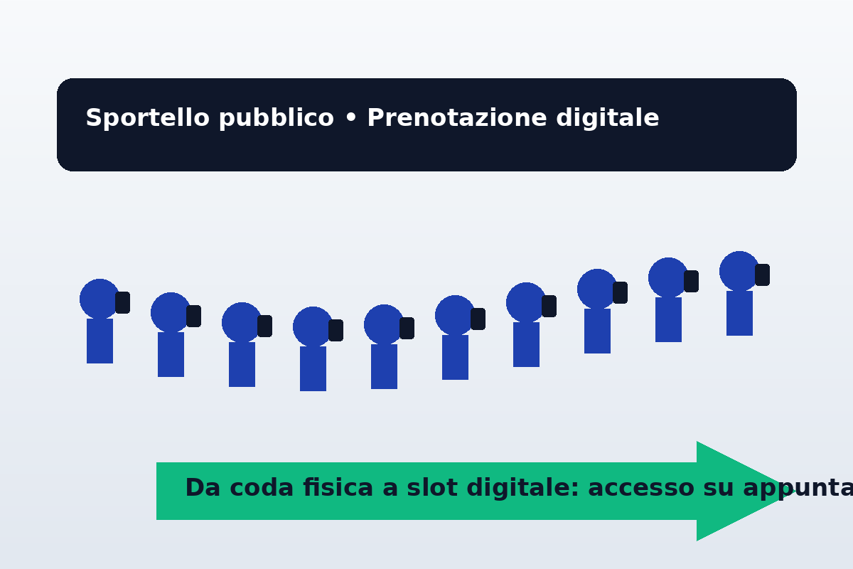 Illustrazione di una coda che si trasforma in prenotazione digitale